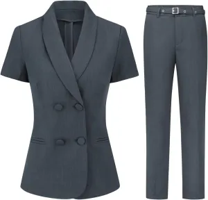 YYNUDA Women's Formal Suit Set Business Solid Double Breast Button Short Sleeve Blazer and Pants with Belt