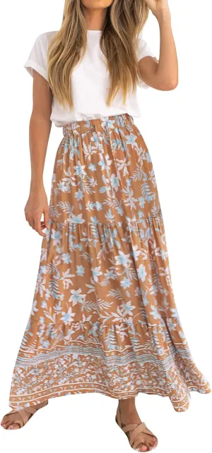 ZESICA Women's 2025 Summer Bohemian Floral Printed Elastic Waist A Line Maxi Skirt with Pockets