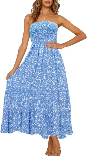 ZESICA Women's Summer Strapless Dress Off Shoulder Sleeveless High Waist Solid Color Beach Long Dresses