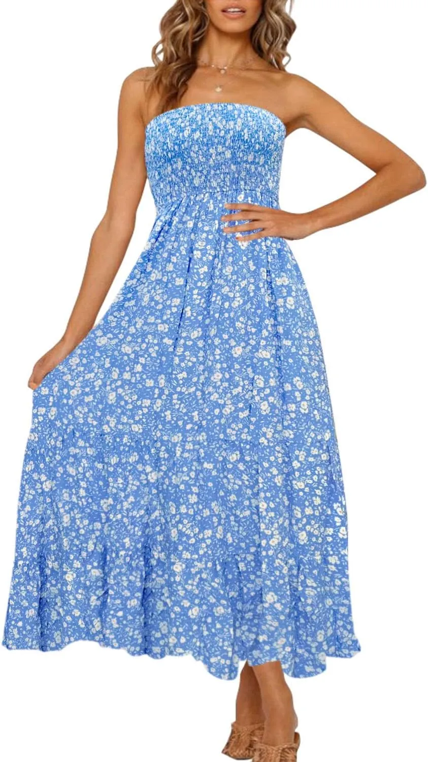 ZESICA Women's Summer Strapless Dress Off Shoulder Sleeveless High Waist Solid Color Beach Long Dresses