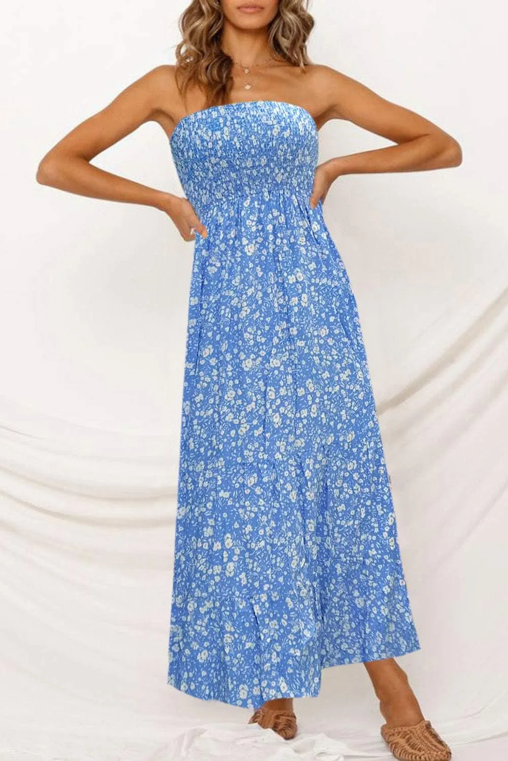 ZESICA Women's Summer Strapless Dress Off Shoulder Sleeveless High Waist Solid Color Beach Long Dresses
