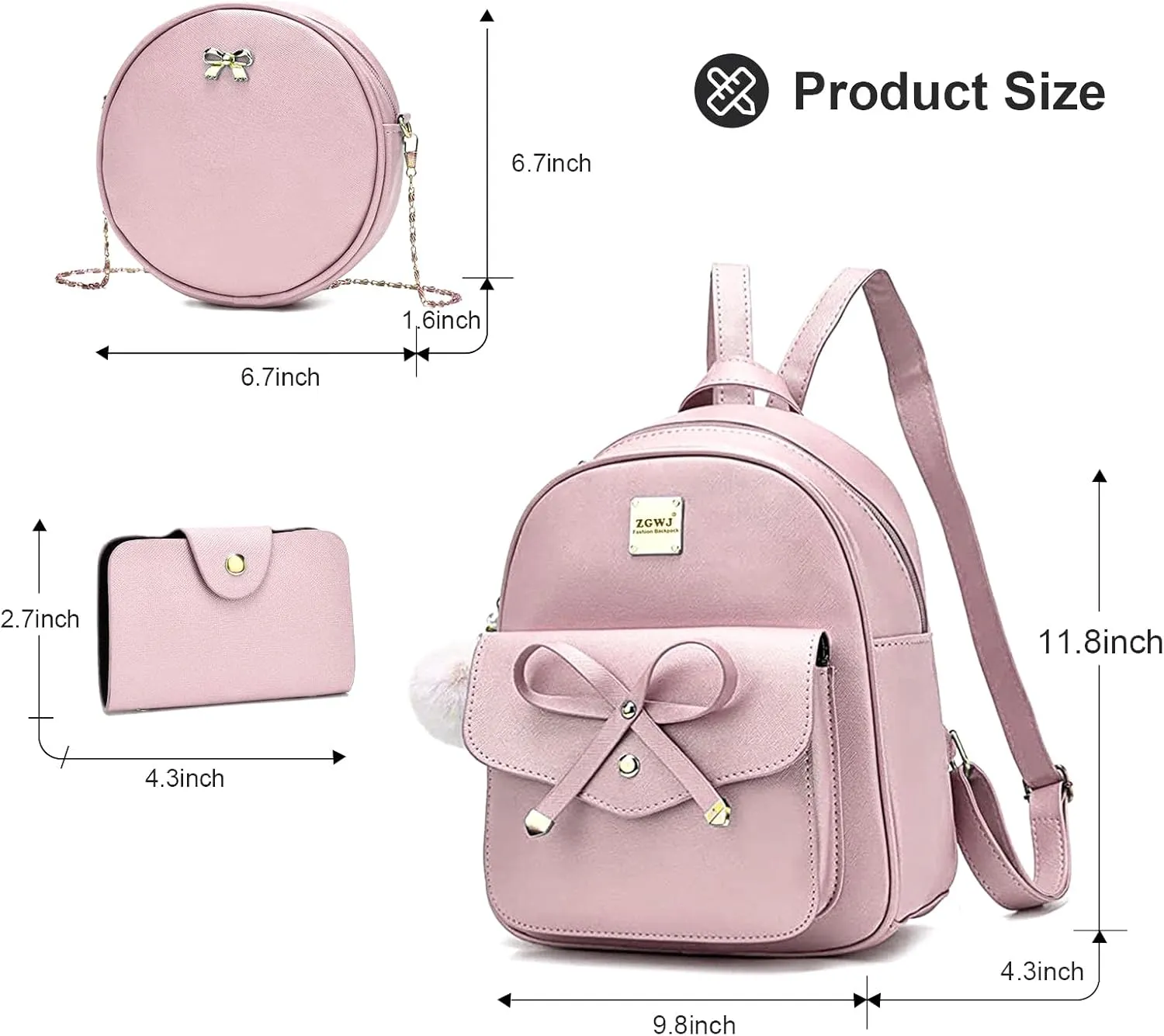 ZGWJ Mini Backpack Purse for Women - 3-Piece Set, Small PU Leather Bowknot Fashion Backpacks, Cute Casual Travel Daypacks