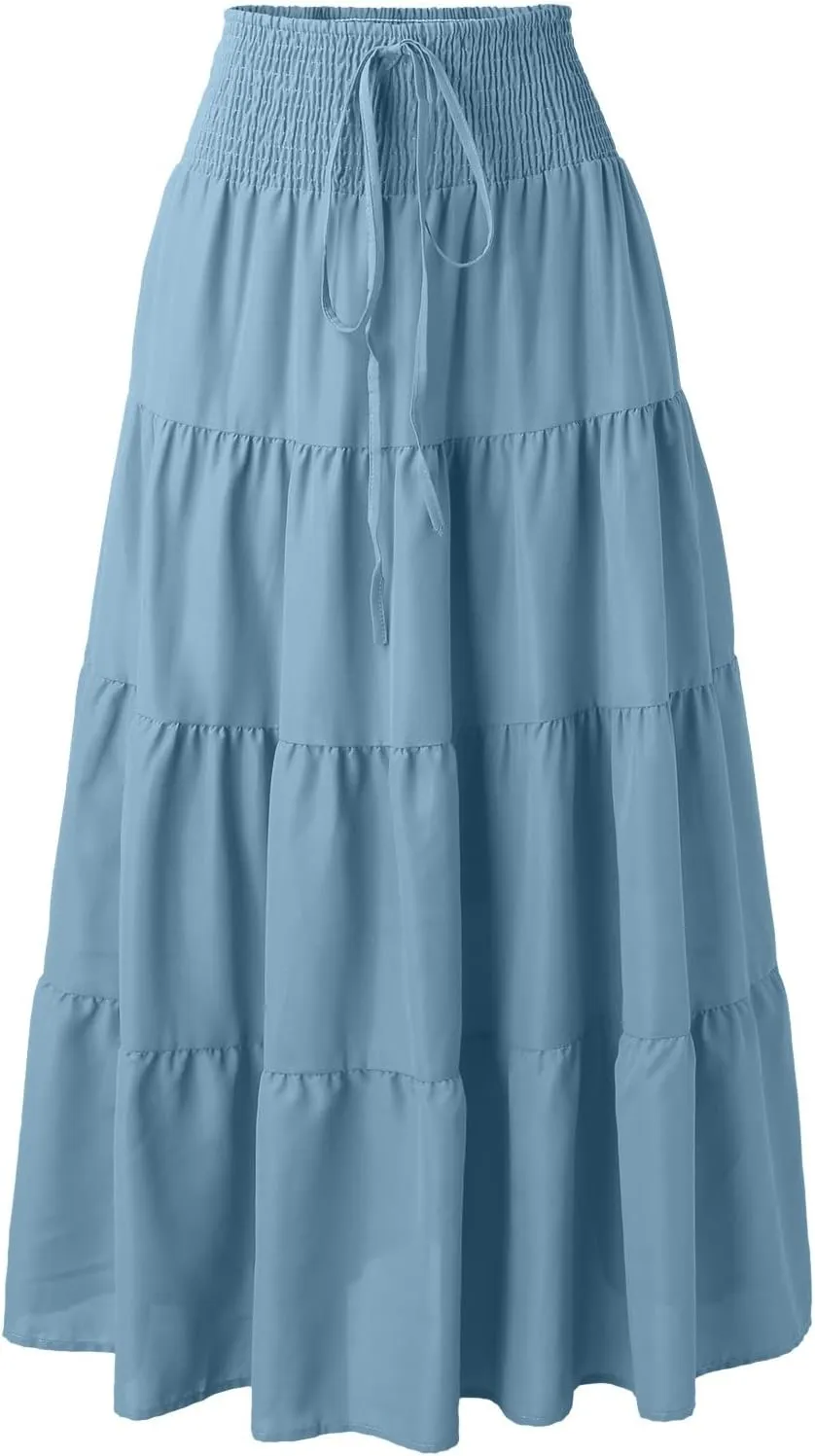 ZYXTIM Women Boho Maxi Skirt High Waist Floral Print Pleated A-Line Dress Trendy Flowy Swing Tiered Long Beach Skirt Dress