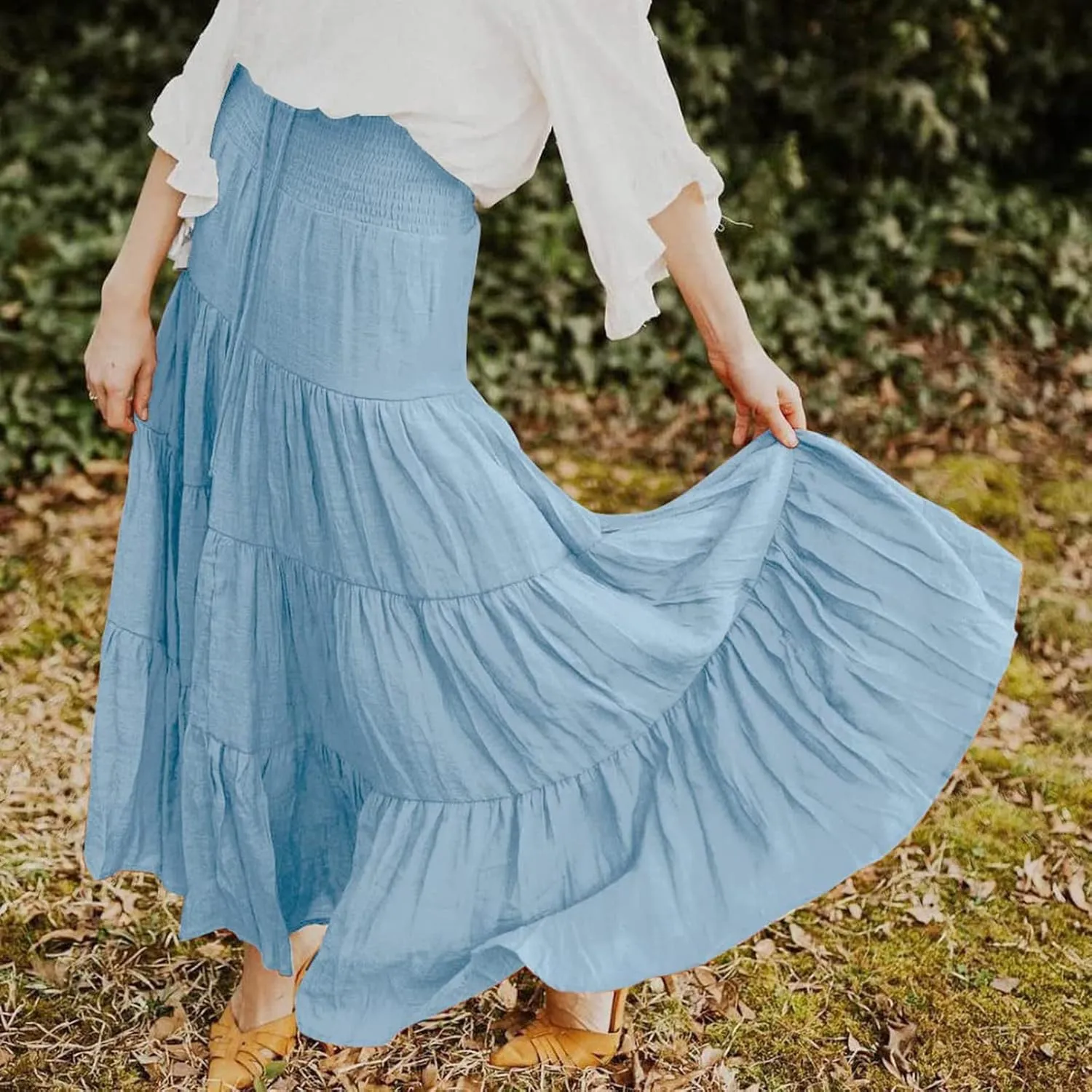 ZYXTIM Women Boho Maxi Skirt High Waist Floral Print Pleated A-Line Dress Trendy Flowy Swing Tiered Long Beach Skirt Dress