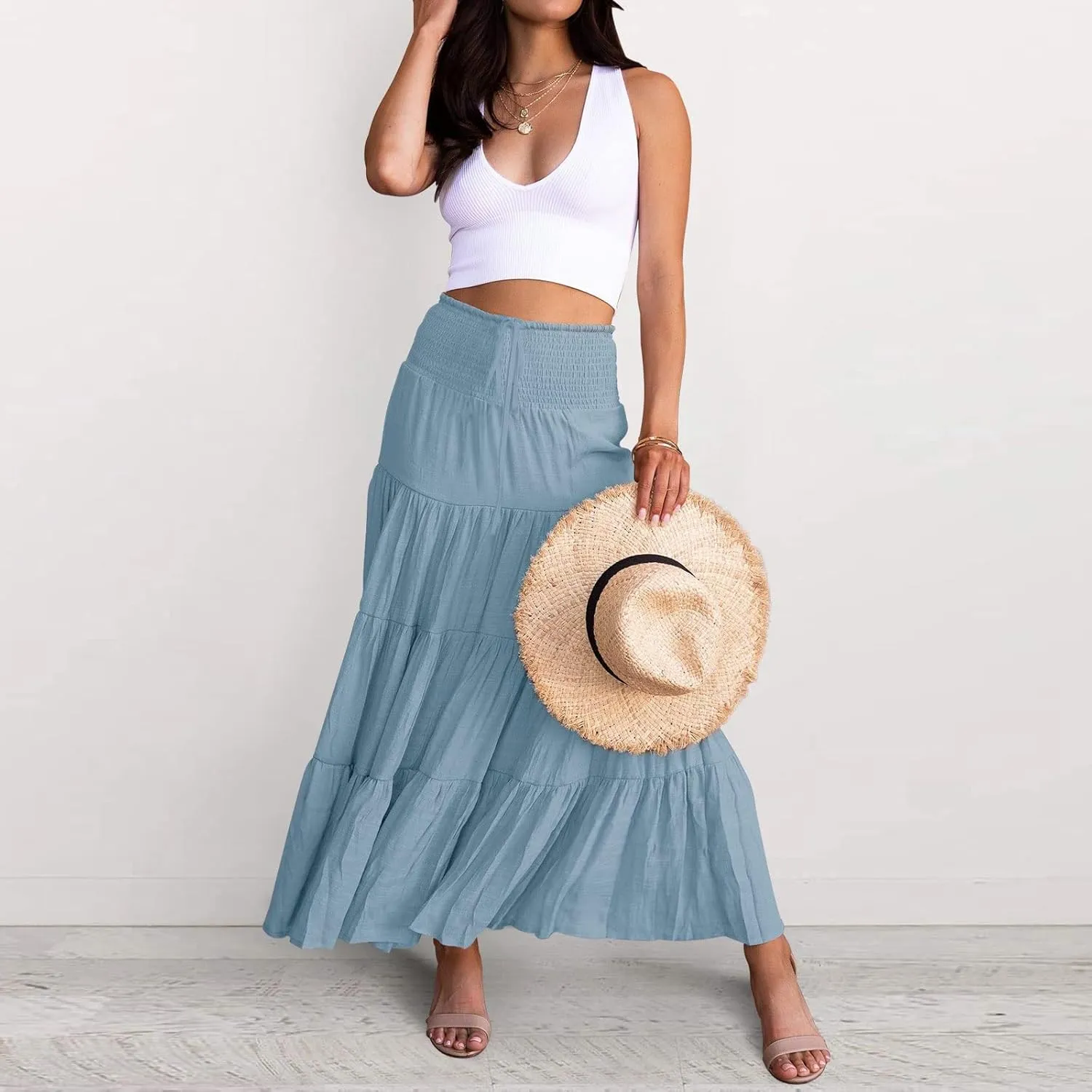 ZYXTIM Women Boho Maxi Skirt High Waist Floral Print Pleated A-Line Dress Trendy Flowy Swing Tiered Long Beach Skirt Dress